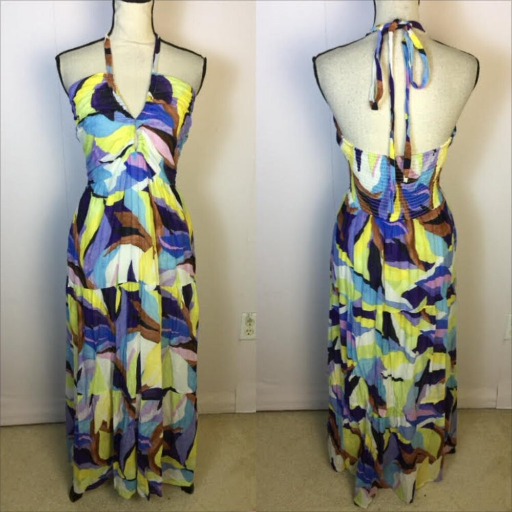 Seafolly Australia Maxi Dress Sz M Woman Multicolor Halter Tie Neck Beach Cotton